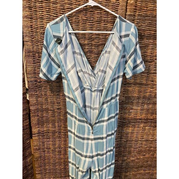 Wild Fable Blue Checkered 100% Rayon Short Sleeve Jumpsuit S-EUC - Picture 7 of 11